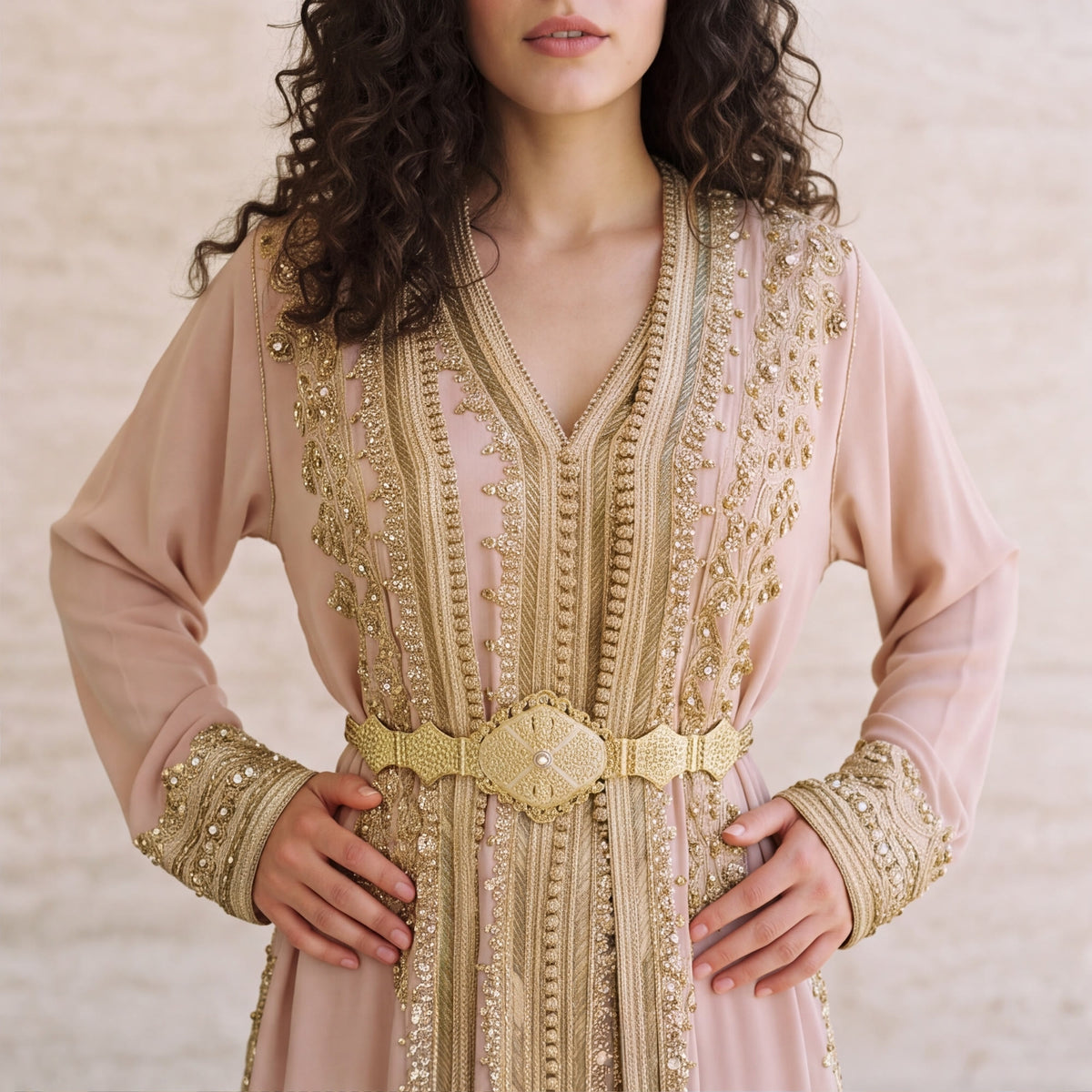 Close-up of a soft blush pink kaftan with a gold filigree belt and delicate gold scroll trim detailing.