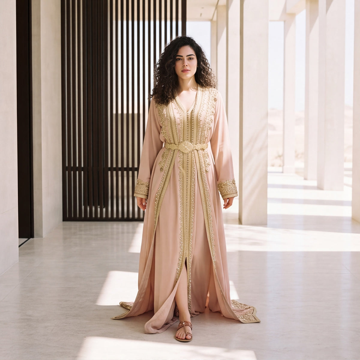 A woman wearing a floor-length blush pink kaftan with delicate gold scroll trim and a matching gold belt, standing in a sunlit architectural setting.