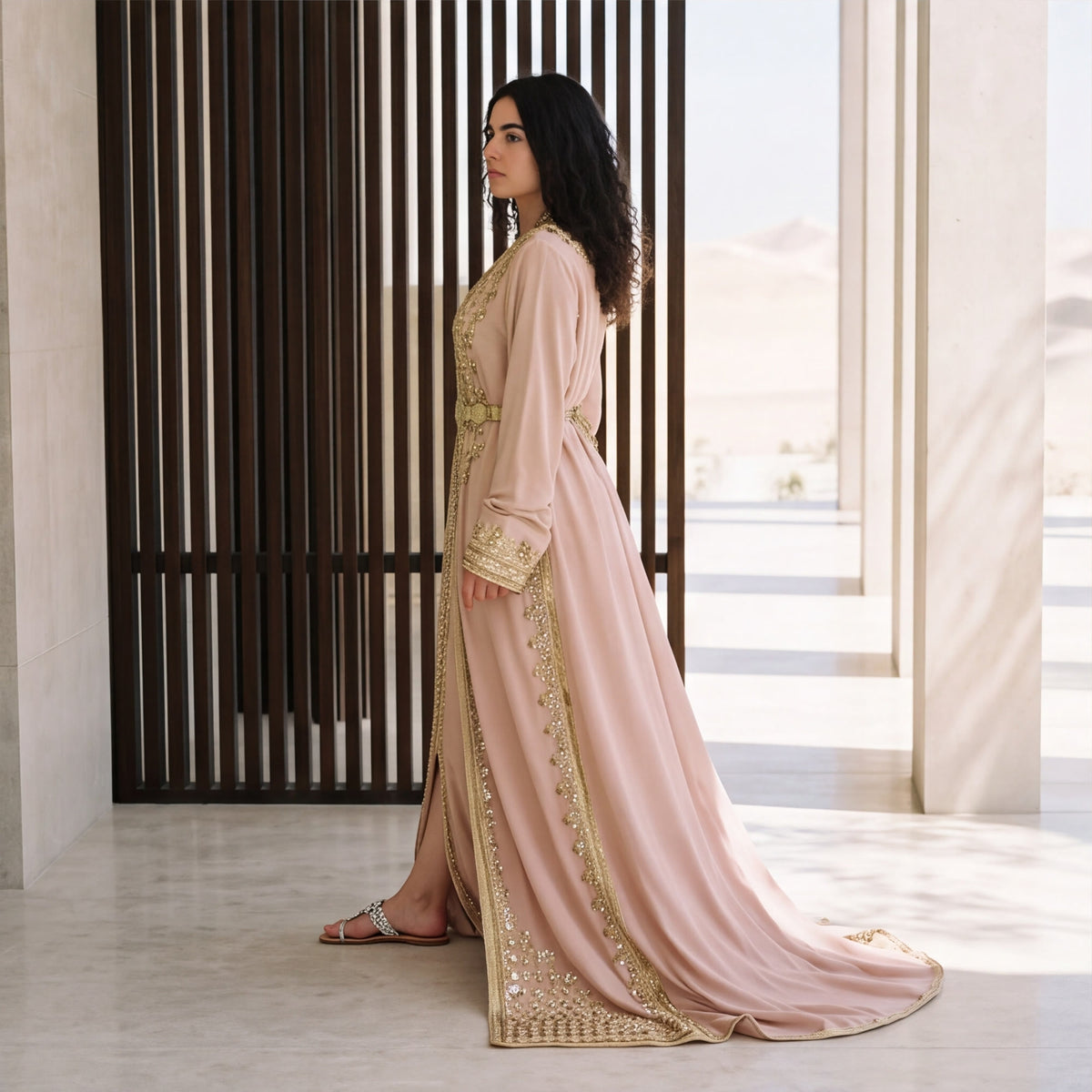 Side profile of a woman wearing a blush pink floor-length kaftan with gold trim detailing, showing the flowing silhouette.