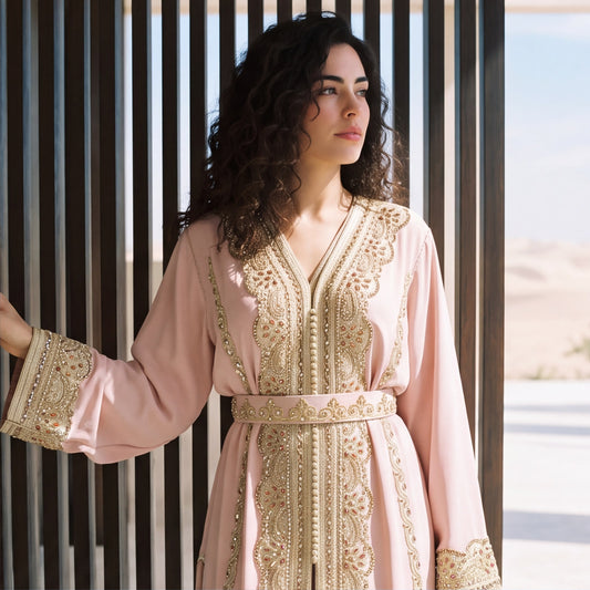 Close-up of the ornate gold beaded lace embroidery on the neckline of a dusty rose handmade Moroccan kaftan.