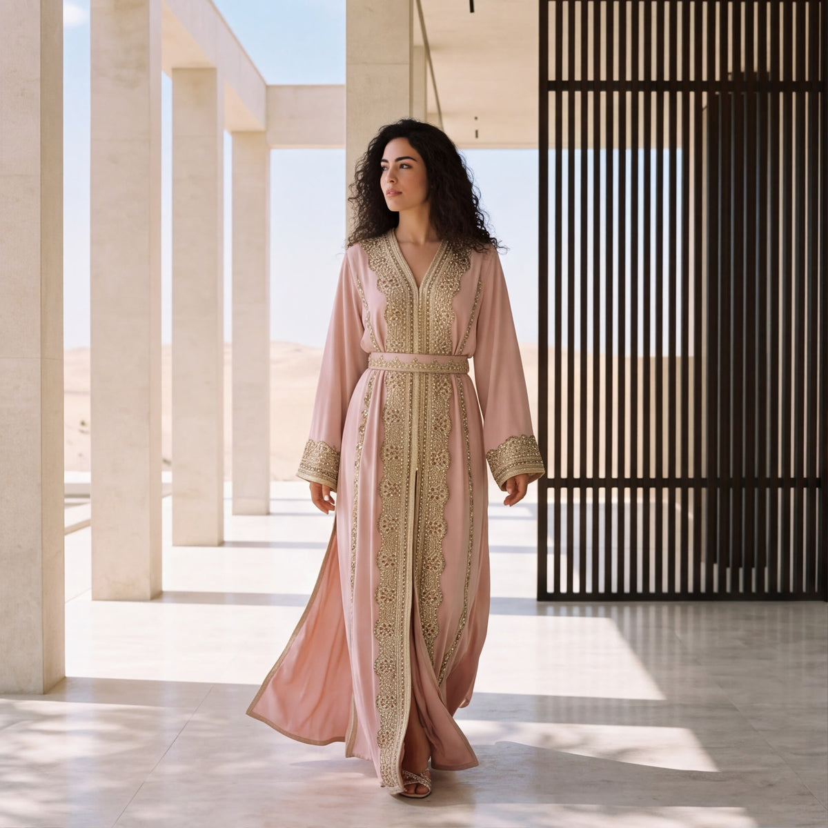 A woman wearing a rich dusty rose floor-length kaftan with ornate gold beaded lace embroidery, standing in a sunlit setting.