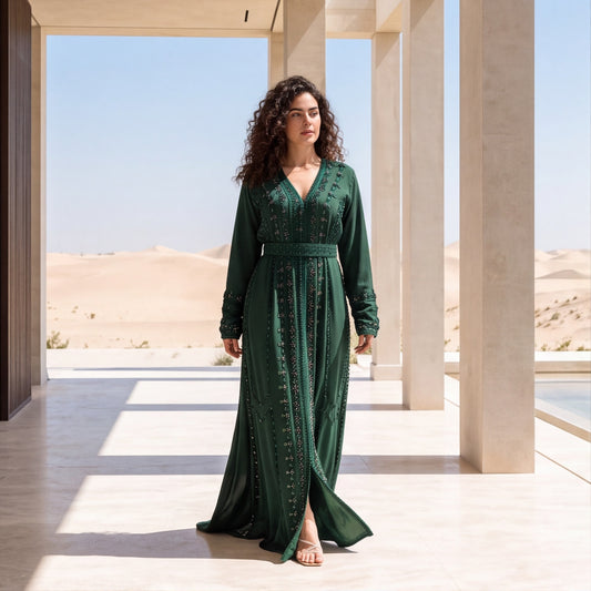 A woman wearing a floor-length emerald green kaftan with beaded stripe embroidery, standing in a sunlit setting.