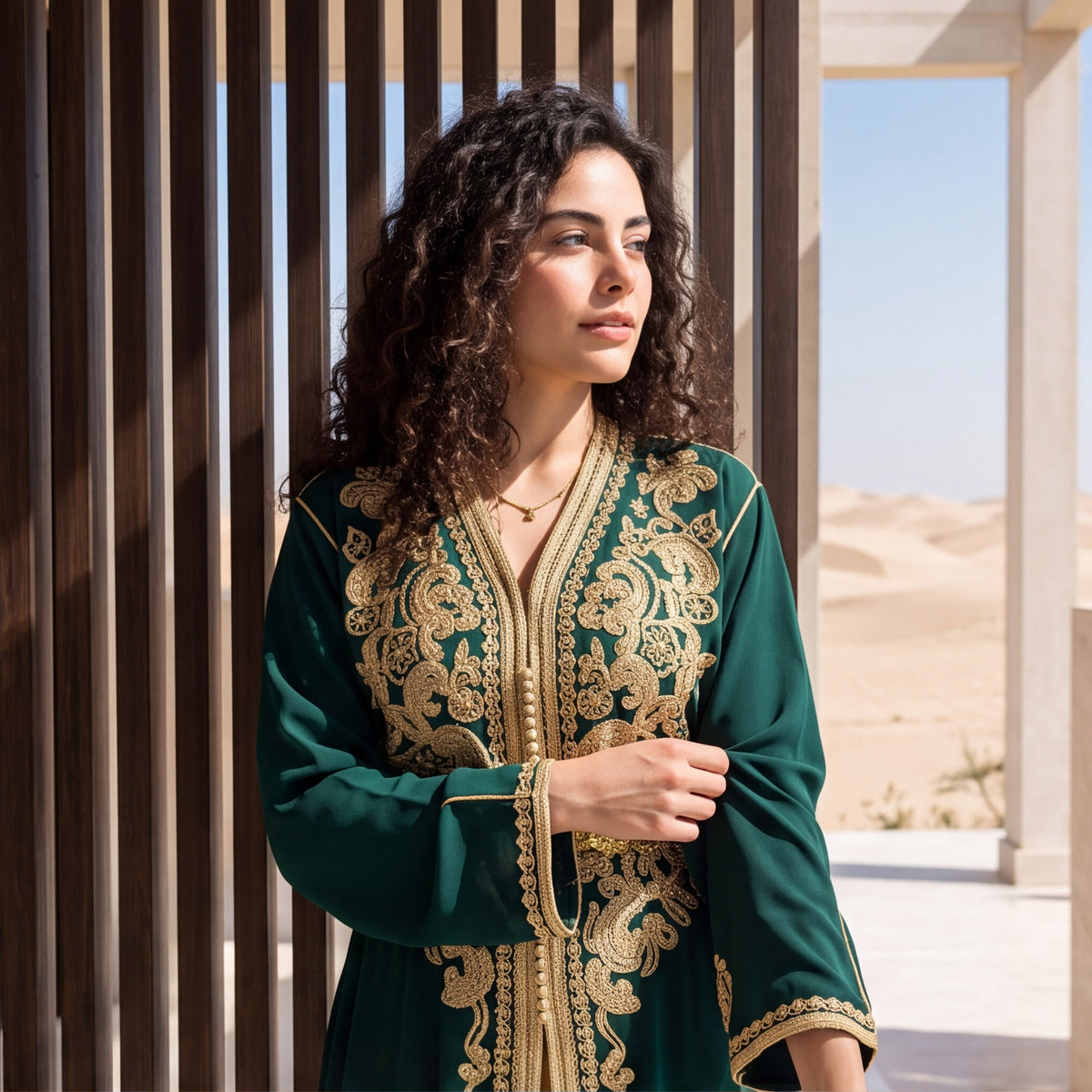 Close-up of the gold filigree belt and ornate embroidery on an emerald green handmade Moroccan kaftan.