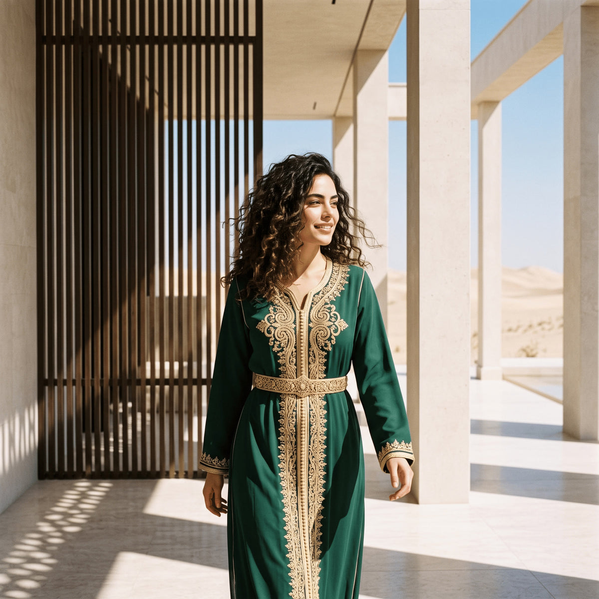 Back view of a woman wearing an emerald green floor-length kaftan with gold filigree embroidery.