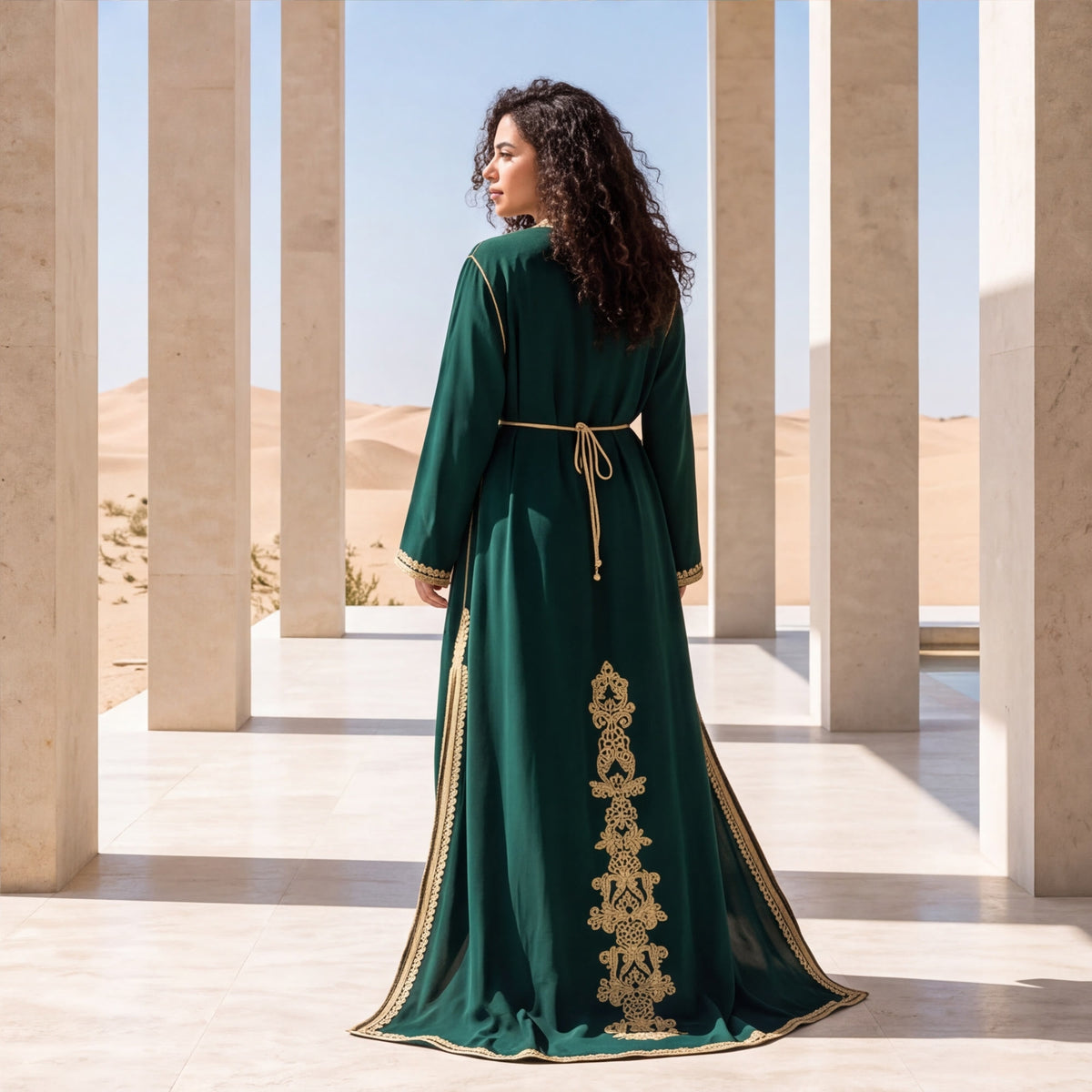 Back view of a woman wearing a floor-length emerald green kaftan with gold embroidered detailing, walking in a courtyard setting.