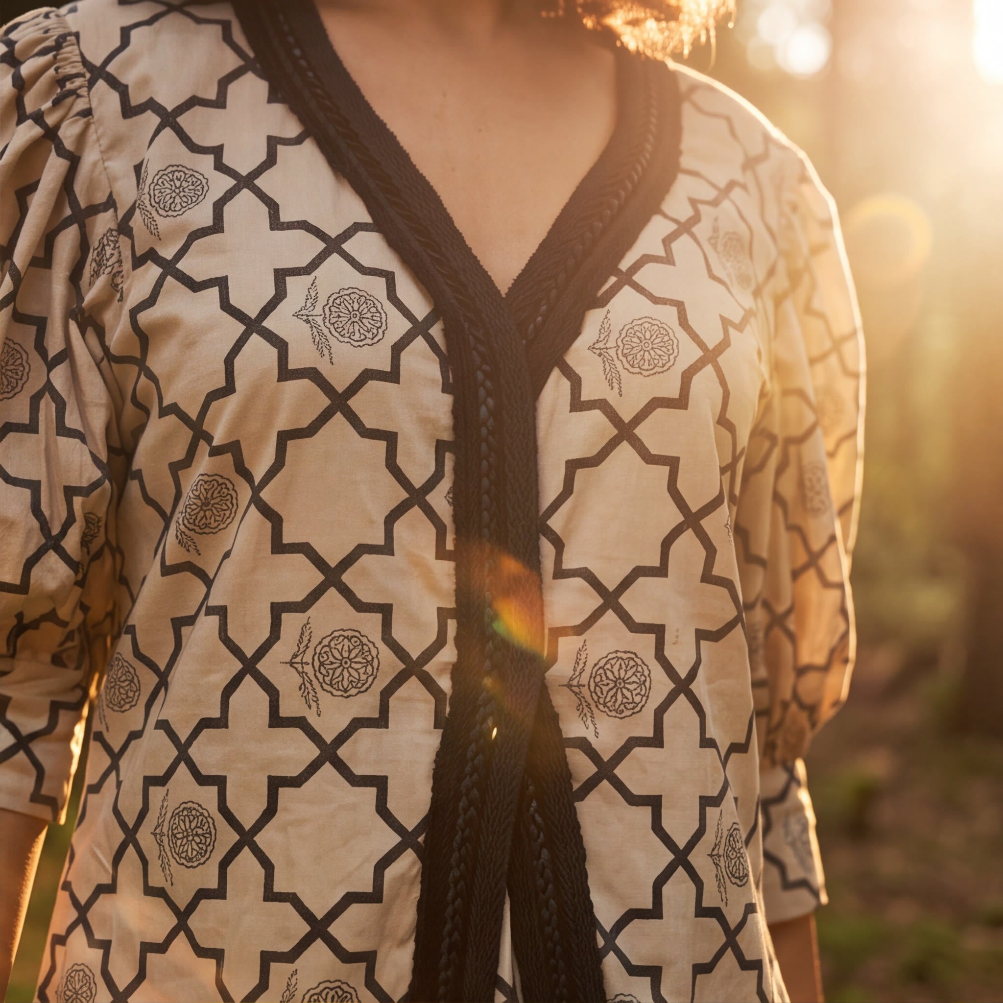 A close-up of a person wearing a cream-colored blouse with a black geometric lattice pattern and dark braided trim along the V-neckline and front placket, photographed in warm golden sunlight.