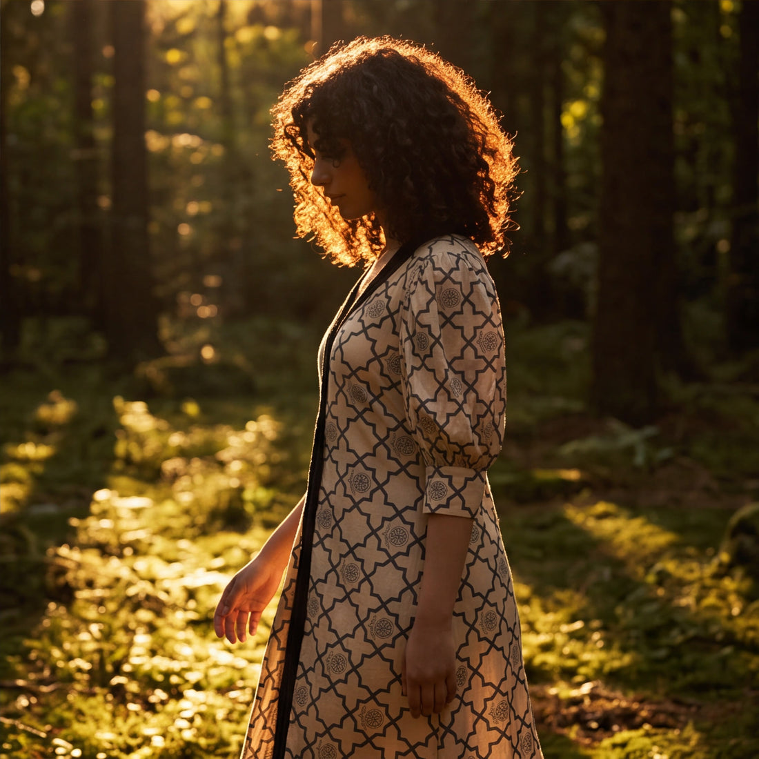A woman stands in a sunlit forest wearing a long-sleeve dress with a beige and black geometric trellis pattern.