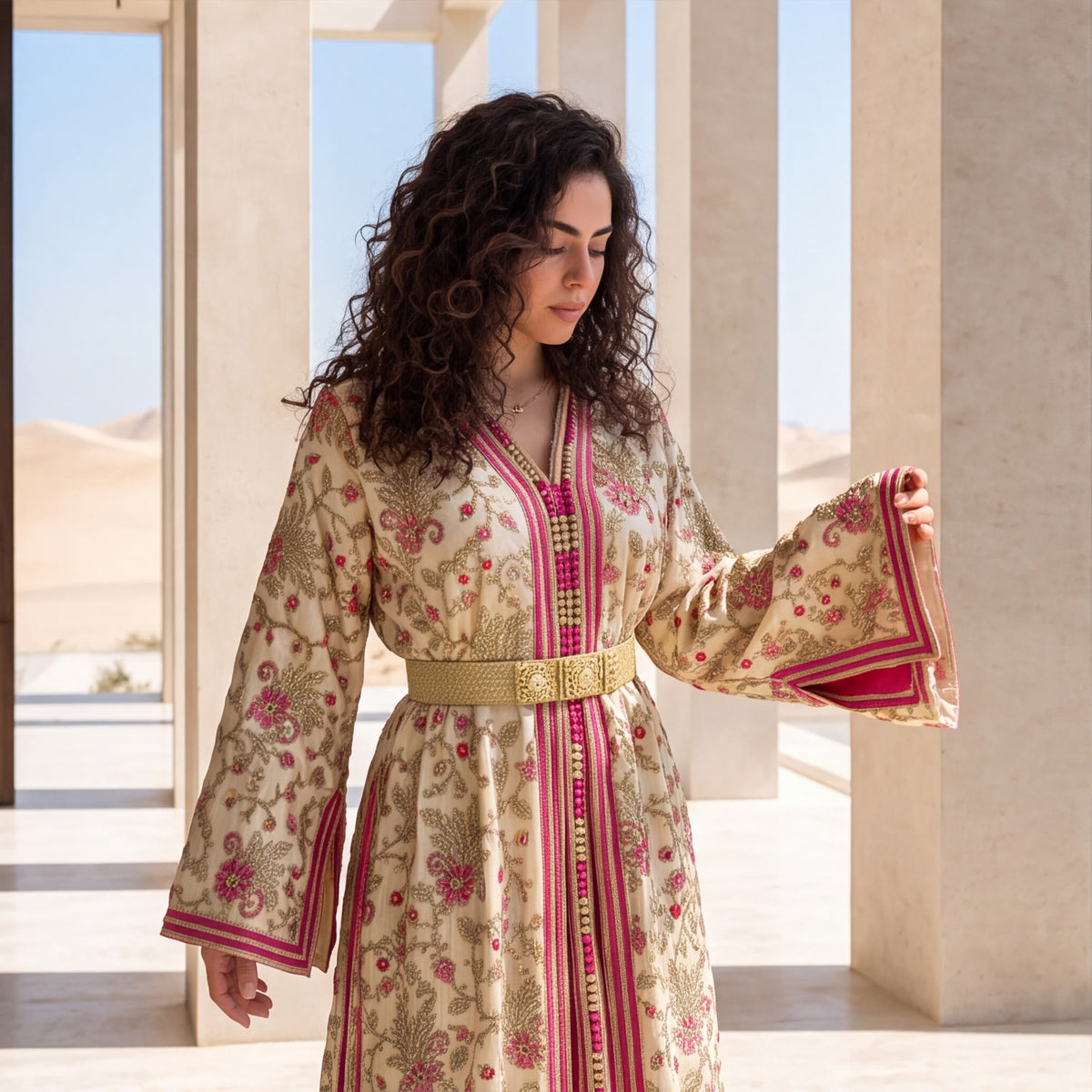 A woman wearing a beige traditional long robe with pink and green floral patterns, a gold belt, and pink striped trim, standing in a columned architectural setting with a desert landscape visible in the background.