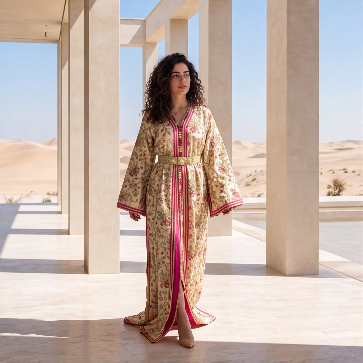A woman stands in a desert pavilion wearing a long beige kaftan dress with a pink and green floral pattern, a pink front slit, and a gold belt.