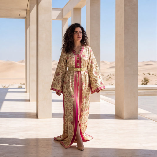 A woman stands in a desert pavilion wearing a long beige kaftan dress with a pink and green floral pattern, a pink front slit, and a gold belt.