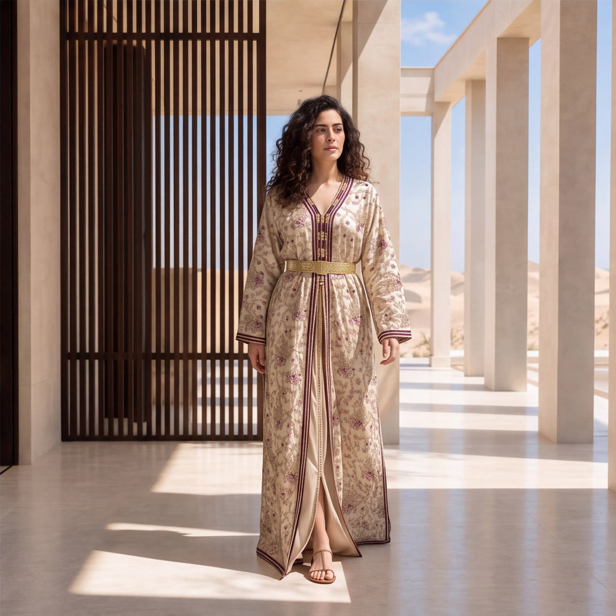 A woman stands in a sunlit architectural corridor wearing a long beige kaftan-style robe with an allover floral print, dark trim, and a gold belt.