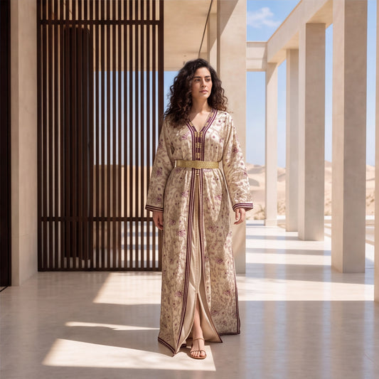 A woman stands in a sunlit architectural corridor wearing a long beige kaftan-style robe with an allover floral print, dark trim, and a gold belt.
