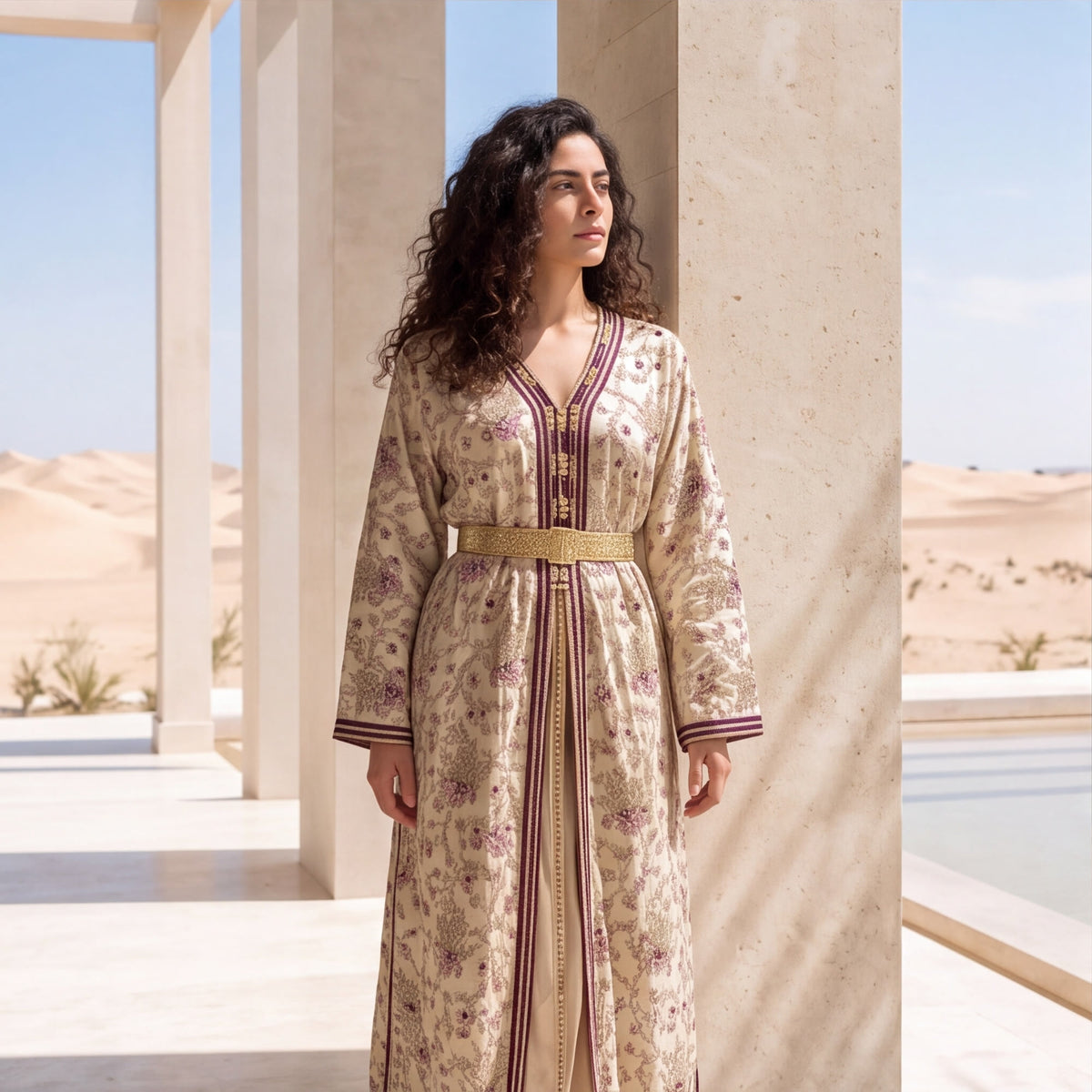A woman wearing a long beige kaftan dress with purple floral patterns and gold trim, standing in a desert courtyard with columns.