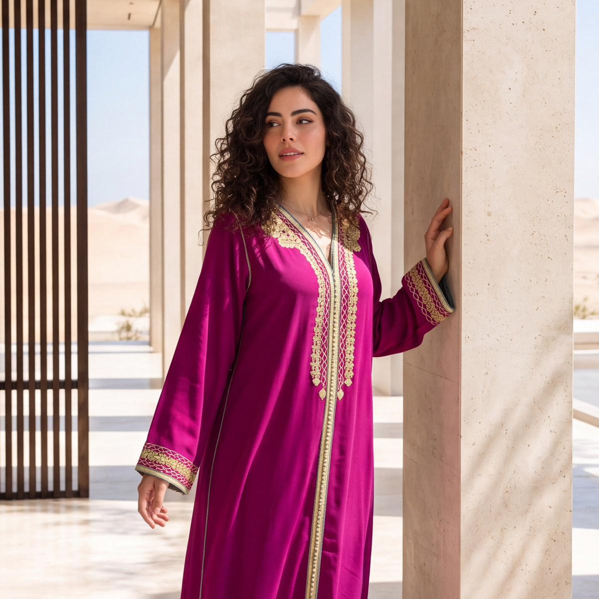 Close-up of the neckline and embroidery on a vibrant magenta handmade Moroccan kaftan.