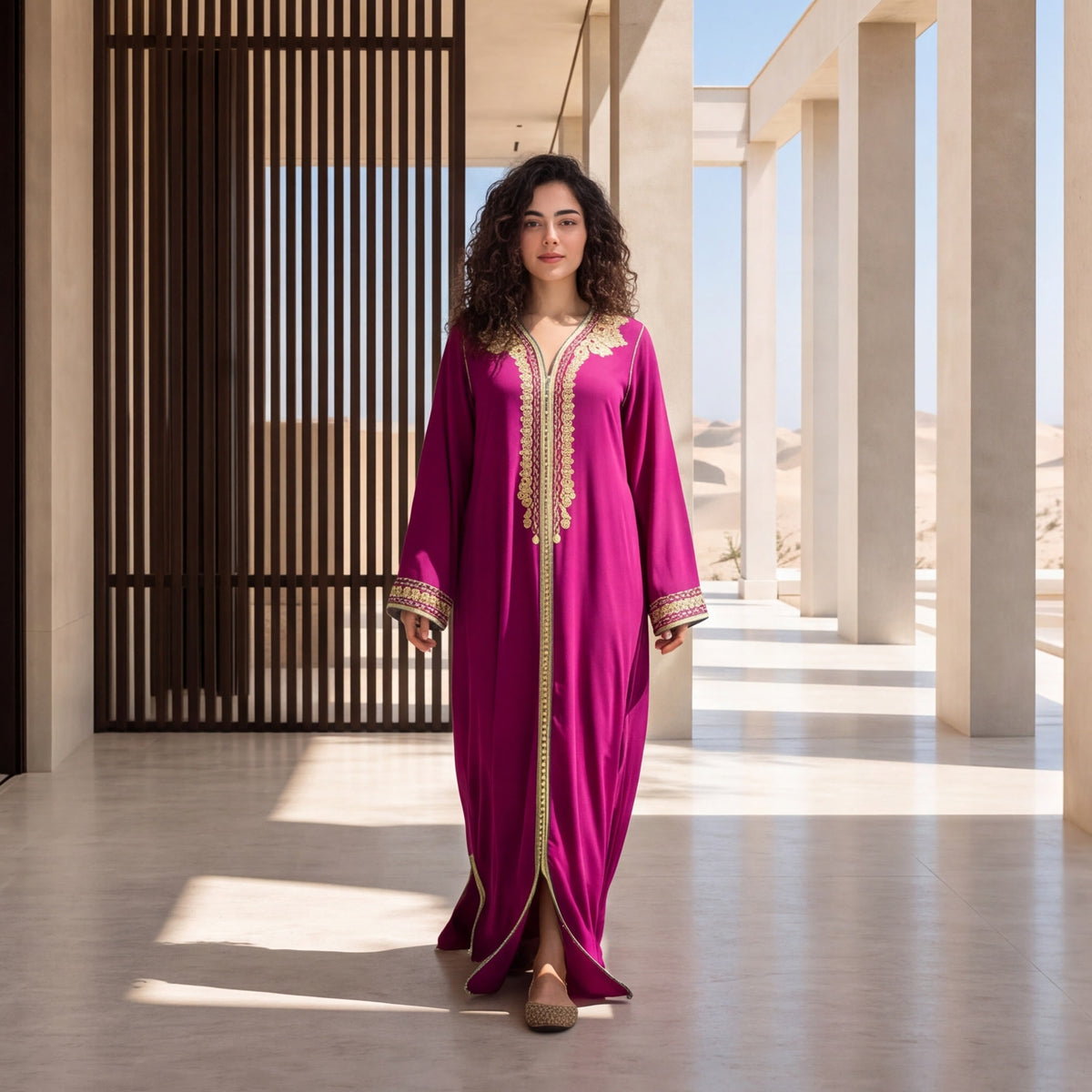 A woman wearing a vibrant magenta floor-length kaftan, standing in a sunlit architectural setting.