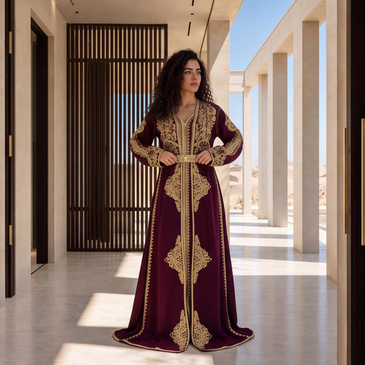 Maroon Marrakech Kaftan | Handmade Moroccan Embroidered Kaftan