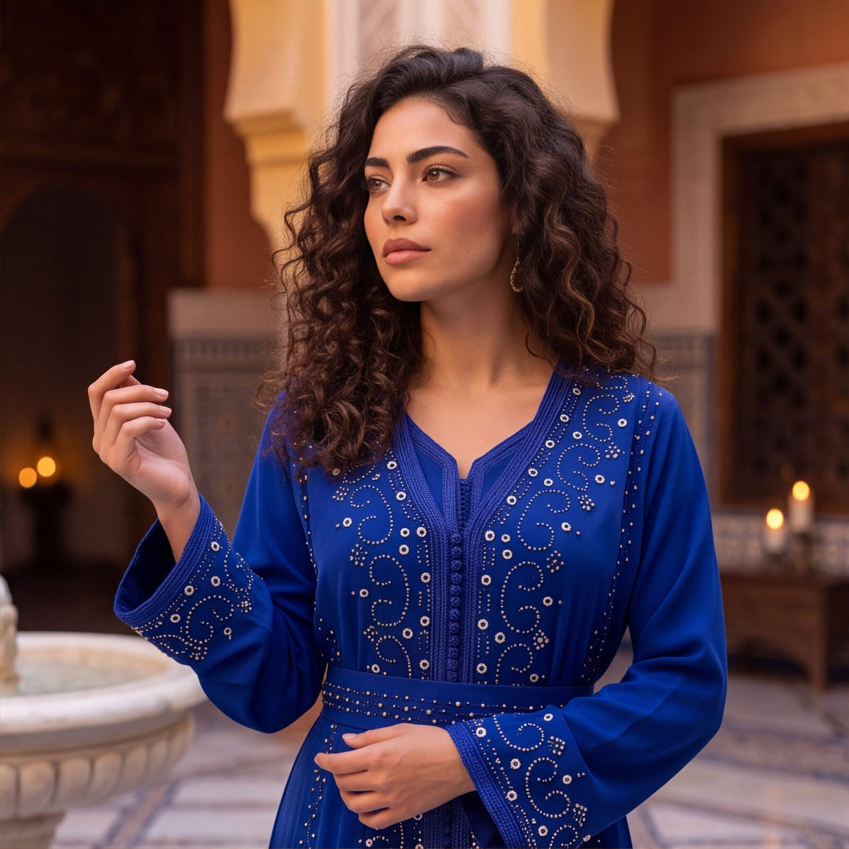 Close-up of model wearing the Marrakech Sapphire royal blue kaftan, showcasing silver crystal embroidery detail at the neckline