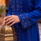 Close-up detail of the hand-embroidered silver crystal pattern and belt on the Marrakech Sapphire kaftan sleeve