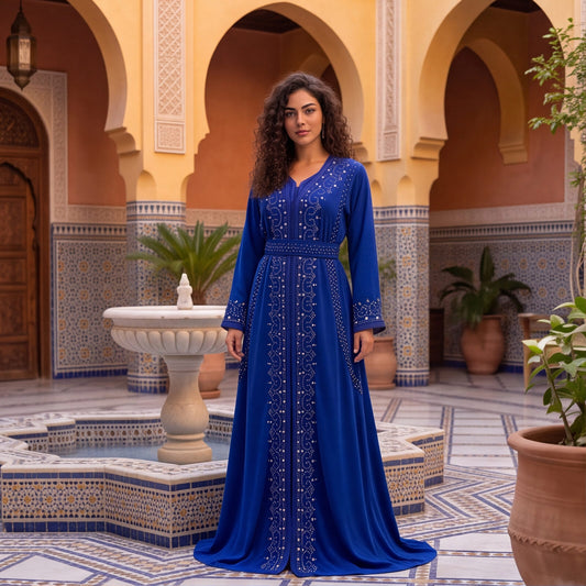 Full-length front view of the Marrakech Sapphire royal blue silk kaftan dress with crystal embroidery and matching waist belt