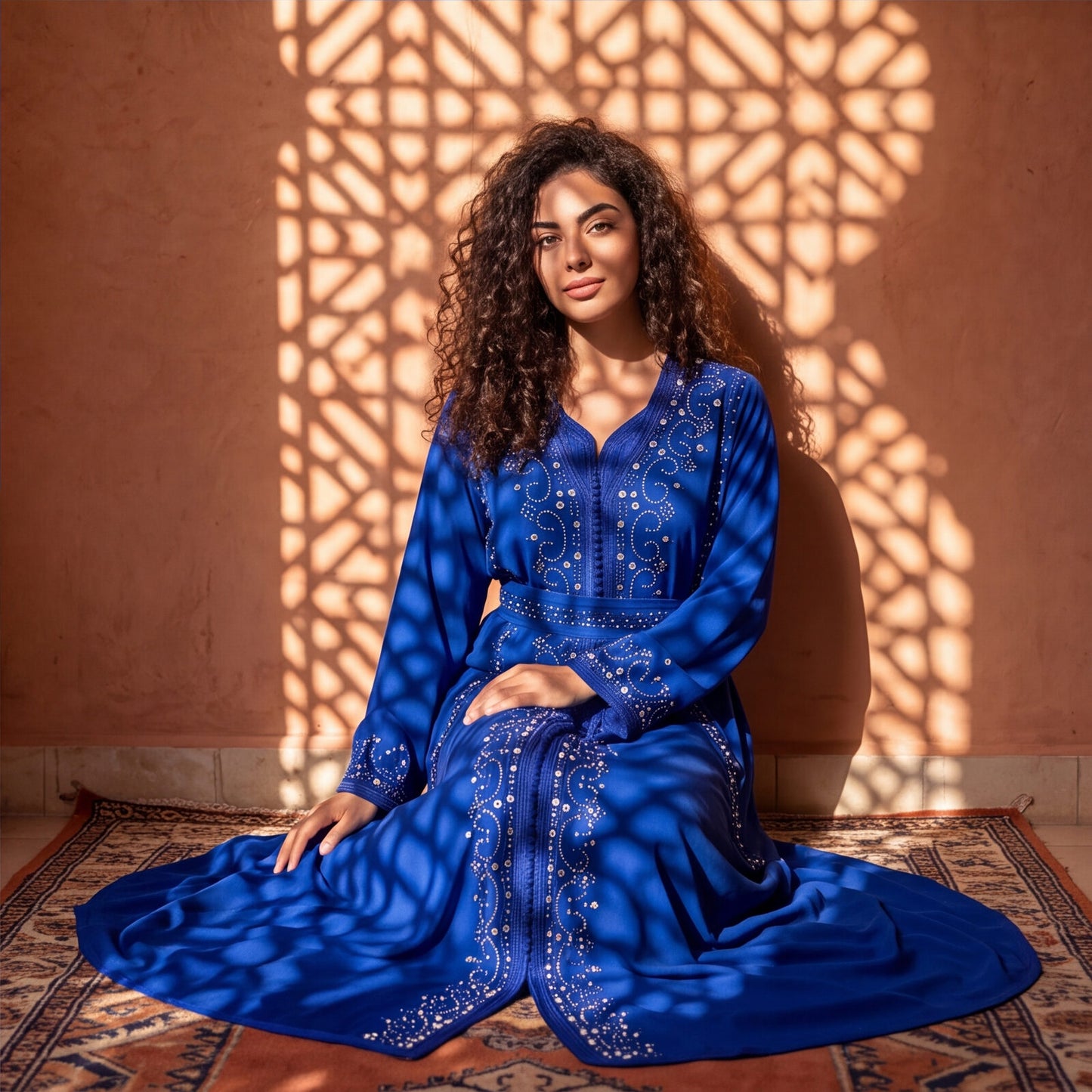 Model seated in the Marrakech Sapphire kaftan, showing the flowing silhouette and crystal-embellished sleeve cuffs