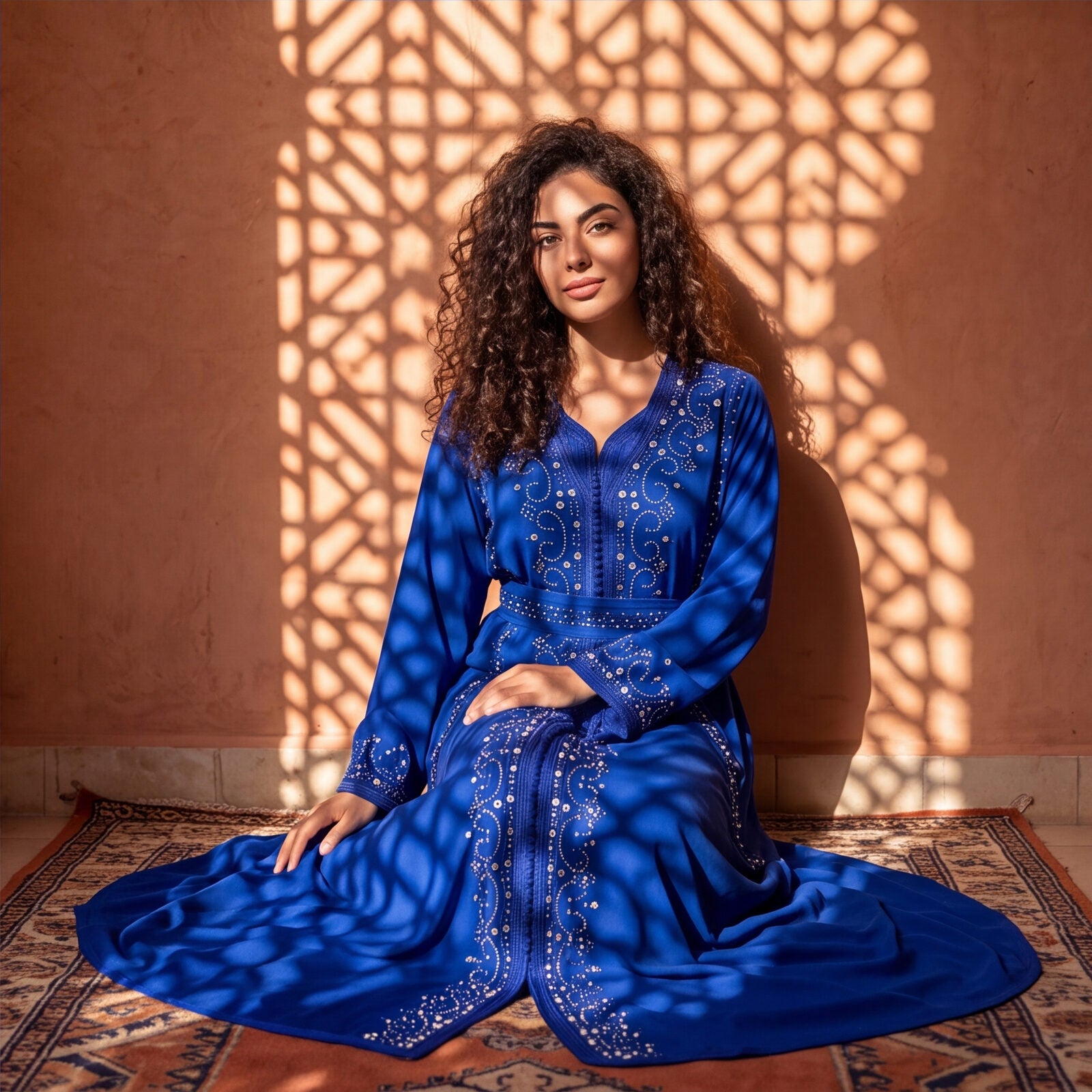 Model seated in the Marrakech Sapphire kaftan, showing the flowing silhouette and crystal-embellished sleeve cuffs