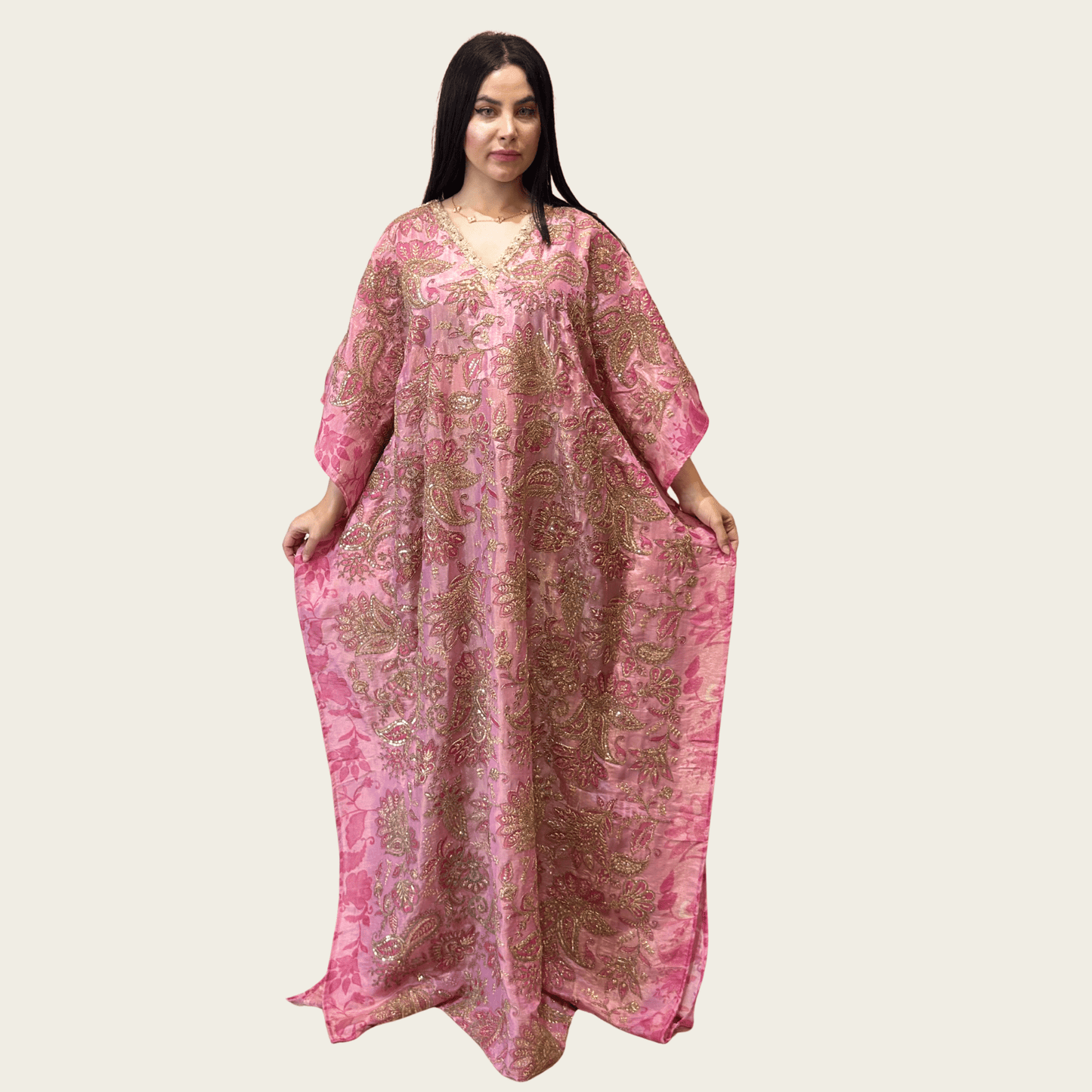 Front view of Rubeena Ameen elegant pink tissue silk maxi dress featuring multi-color floral motifs