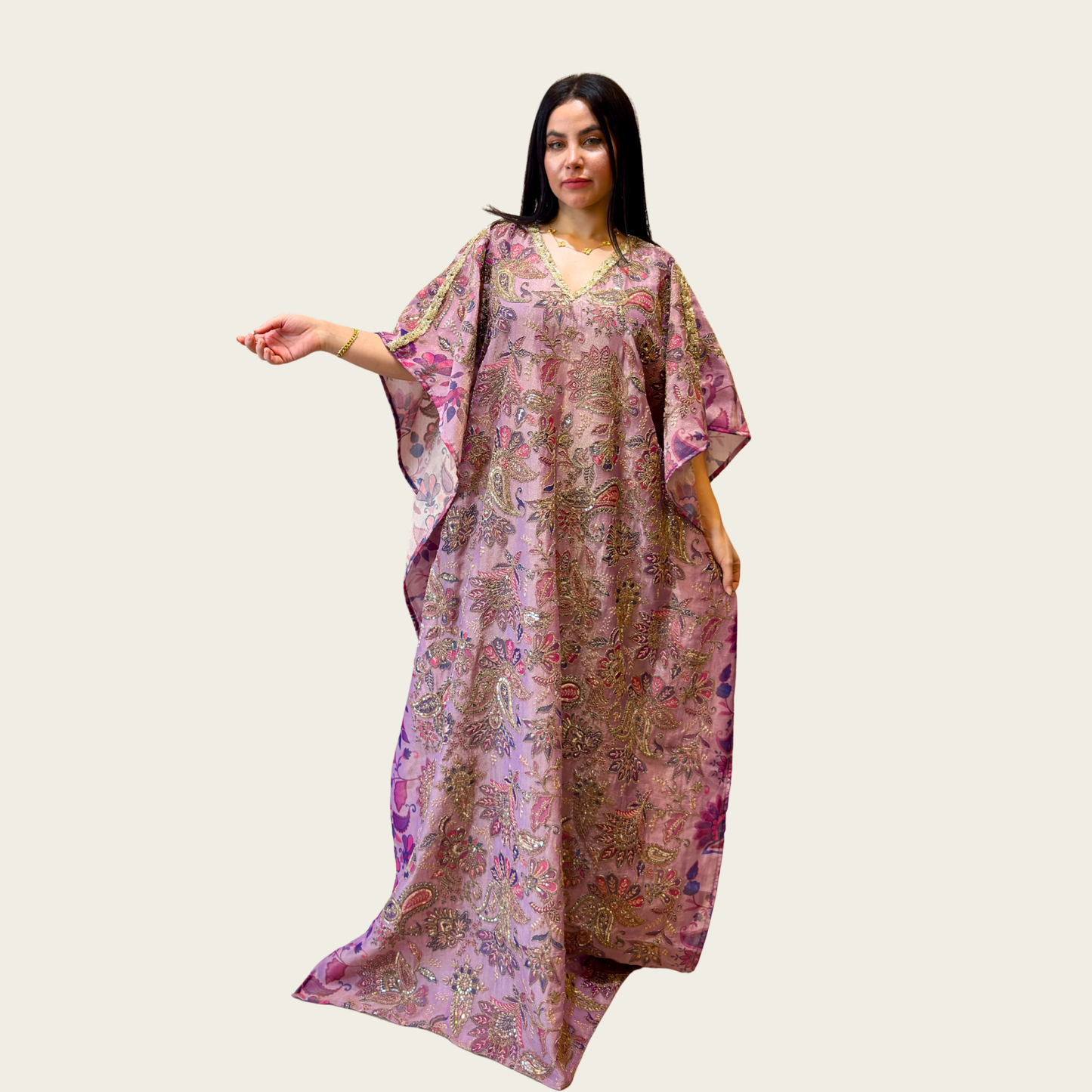 Front view of Rubeena Ameen majestic lavender tissue silk kaftan dress with gold embroidery