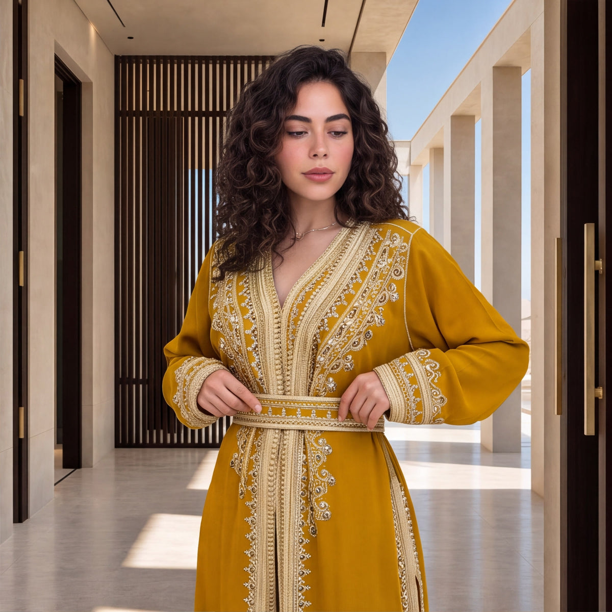 Close-up of the gold filigree belt on a mustard yellow handmade Moroccan kaftan.