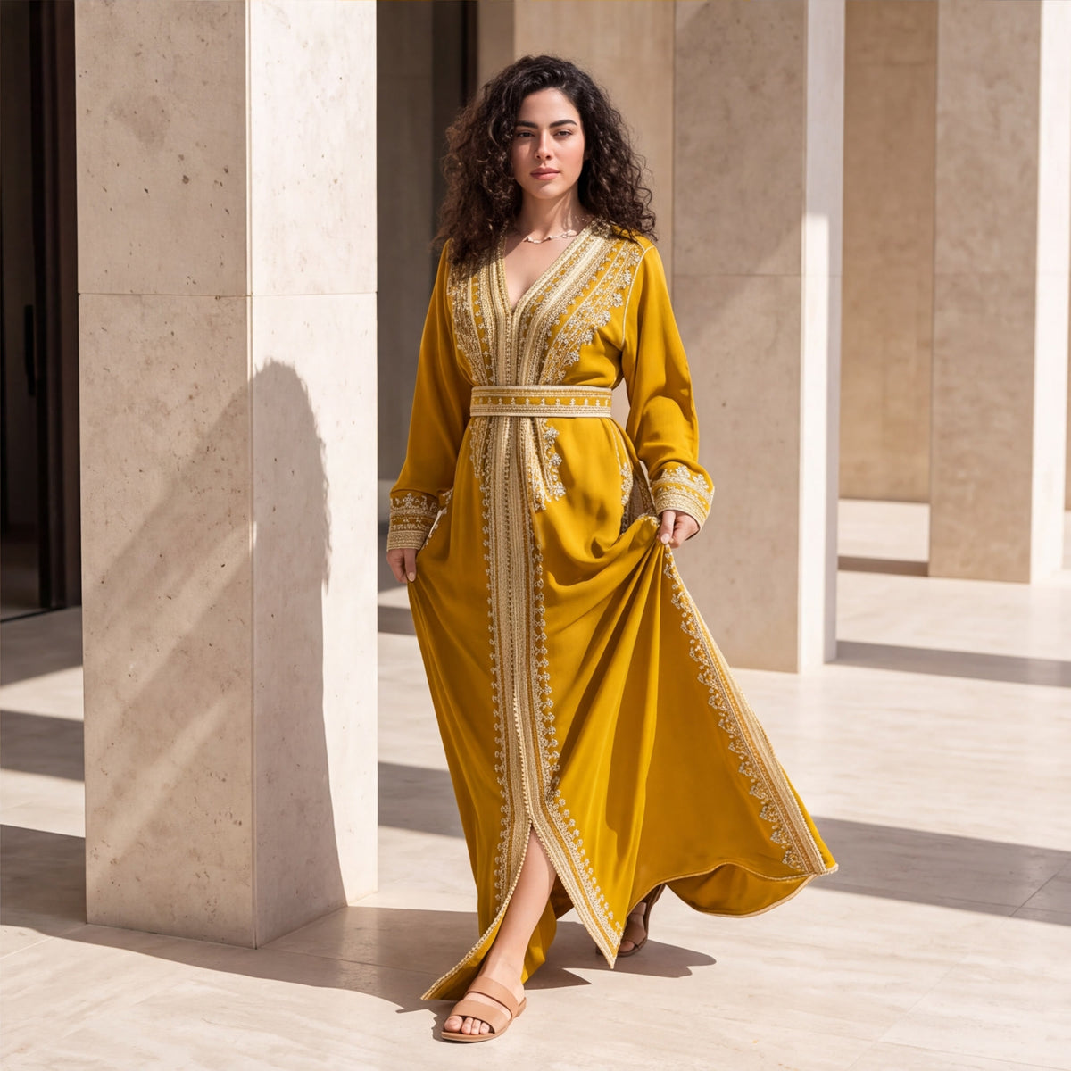 A woman wearing a warm mustard gold floor-length kaftan, standing in a sunlit Moroccan-style setting.
