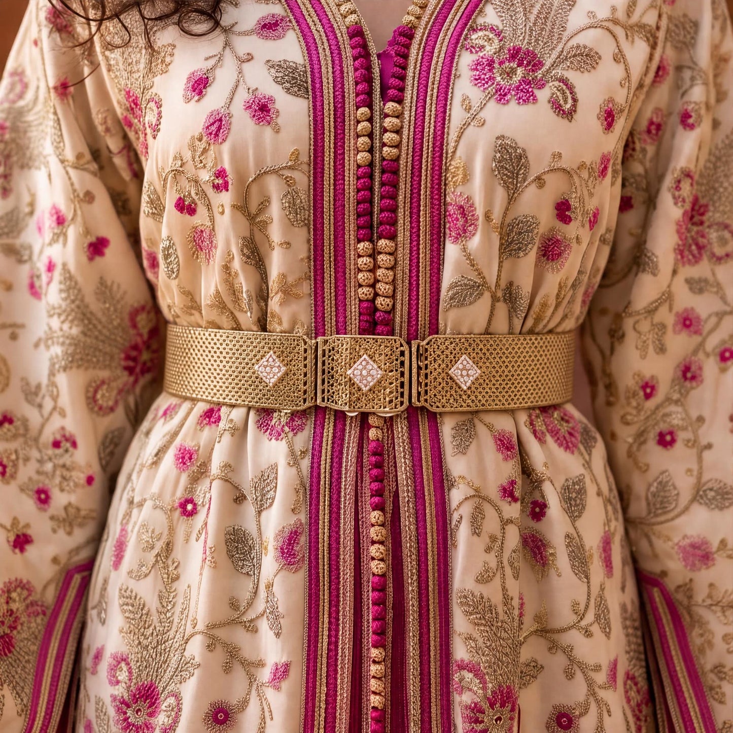 Macro detail of Rose Marrakech Kaftan magenta embroidery and gold beaded belt