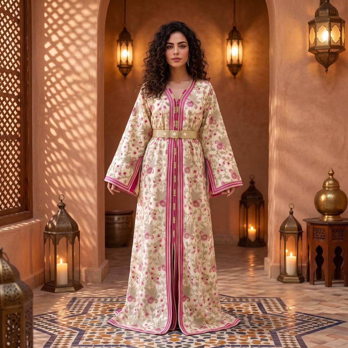 Rose Marrakech Kaftan in fuchsia floral embroidery, full-length front view under Moroccan lanterns
