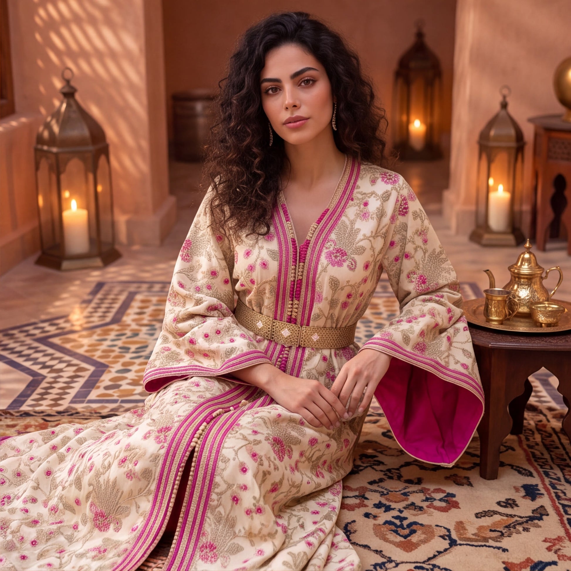 Woman in pink embroidered Marrakech kaftan seated beside a traditional Moroccan tea set