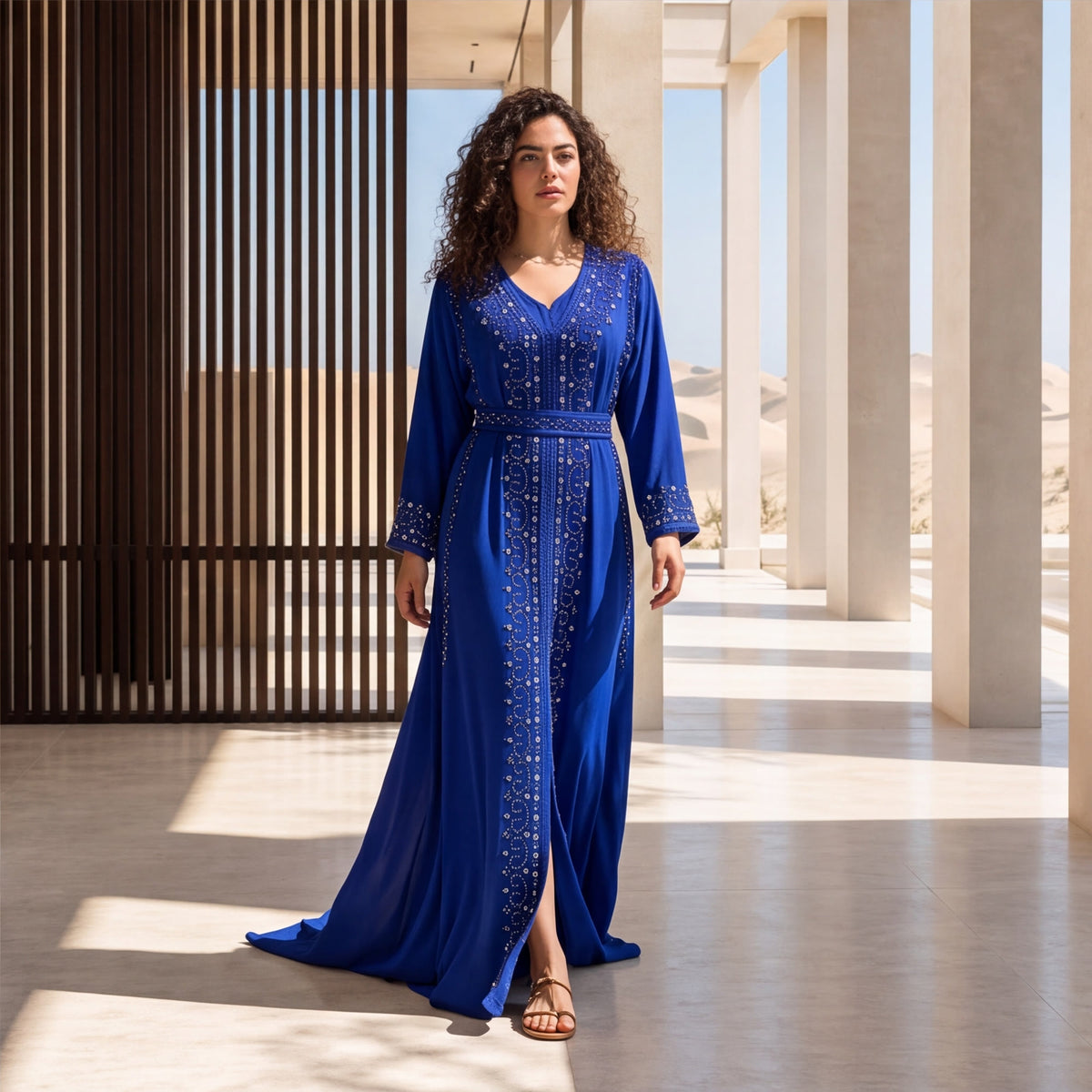 A woman wearing a striking royal blue floor-length kaftan with silver and crystal beaded embroidery, standing in a sunlit setting.