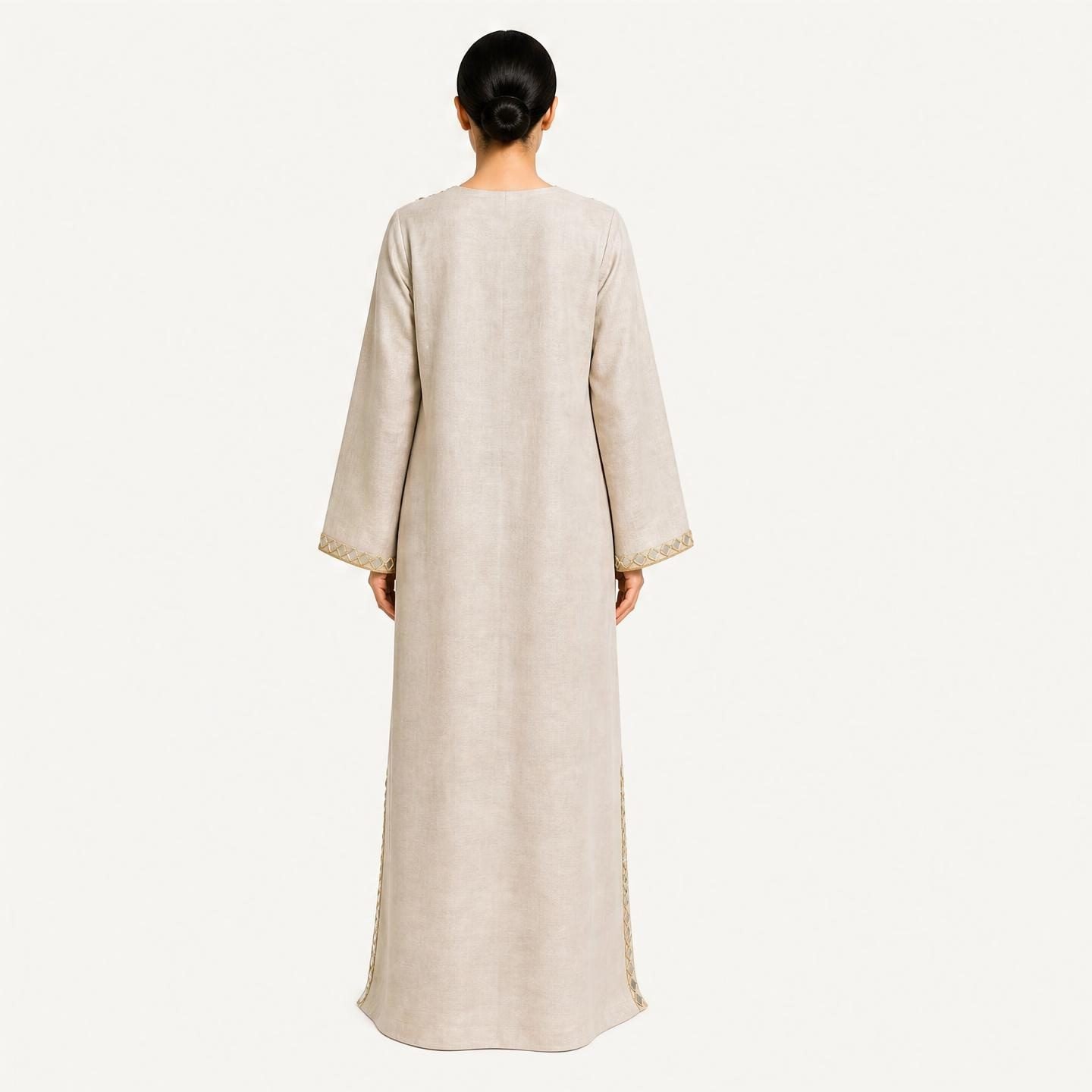 Back view of beige pure linen kaftan with relaxed floor-length silhouette