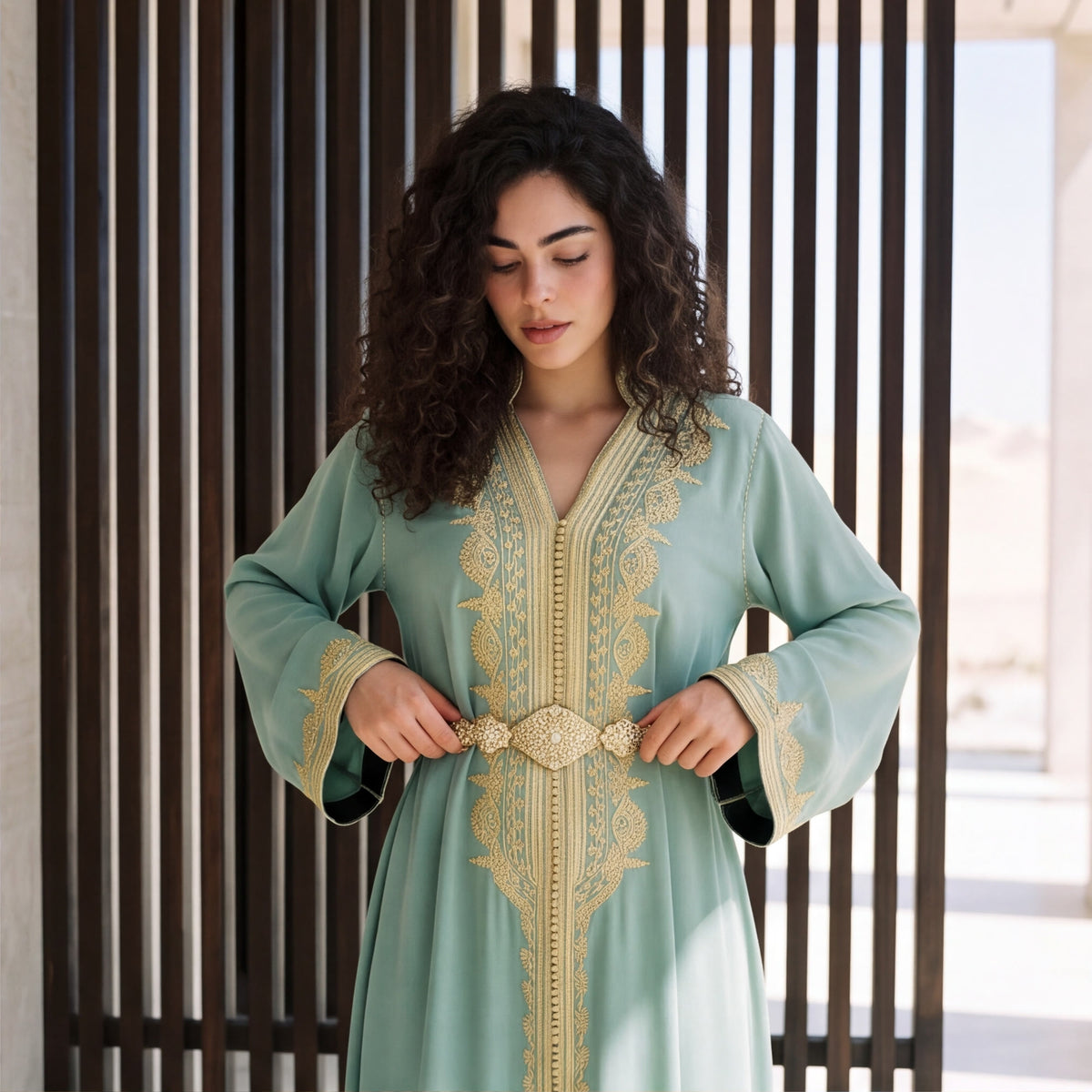 Close-up of a sage green kaftan with a gold filigree belt and fine embroidered trim.