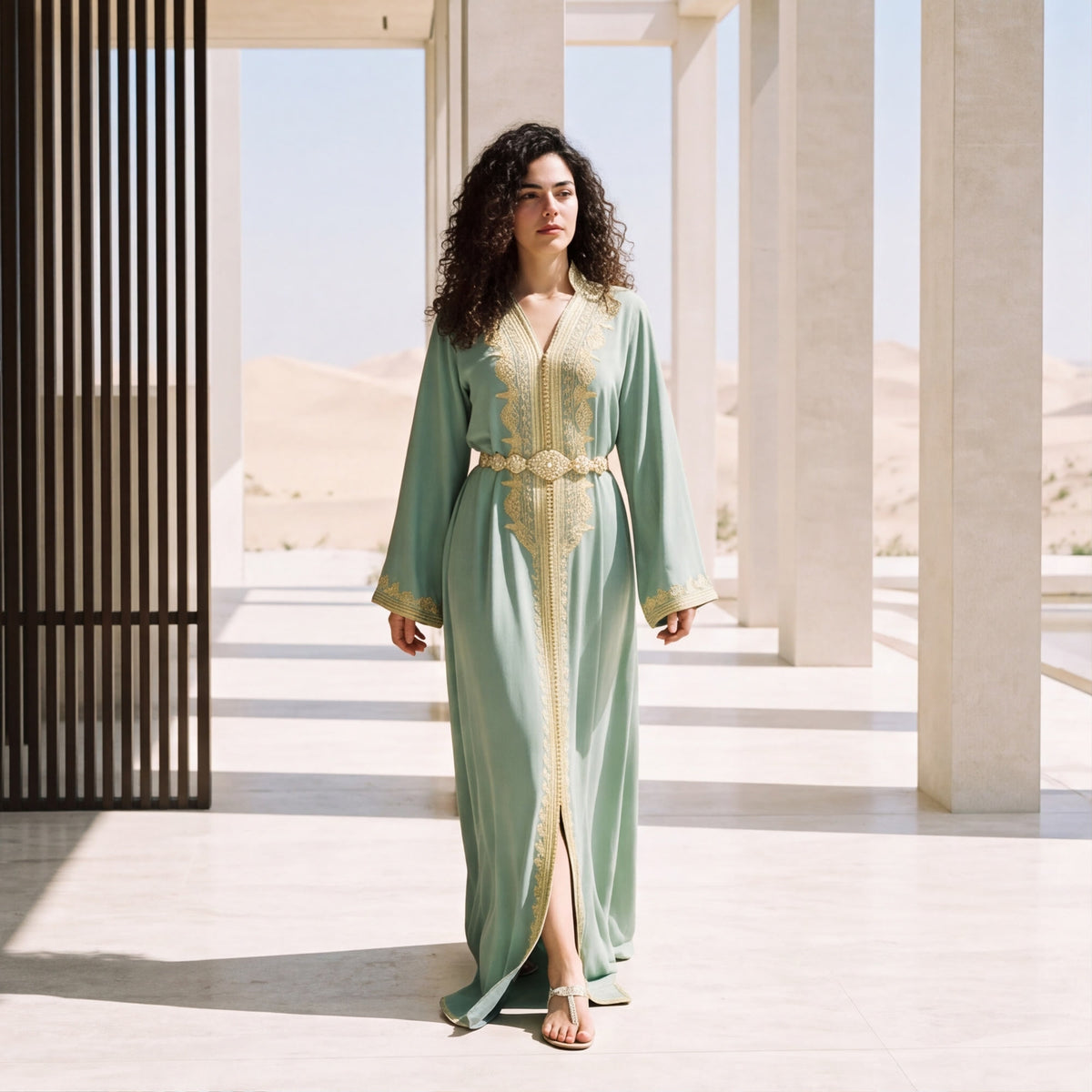 A woman wearing a floor-length sage green kaftan with fine embroidered detailing and a gold belt, standing in a Moroccan-style archway.