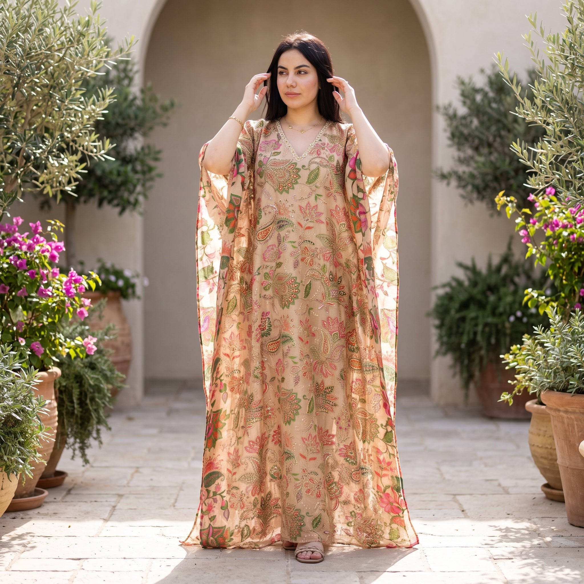 A woman stands in a sunlit courtyard wearing a flowing beige kaftan dress with a multicolor floral print and wide draped sleeves. The background features arched walls and potted plants.